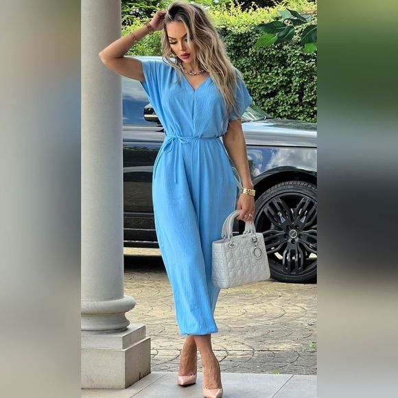 "Azure" Short Sleeve Belted V-Neck Jumpsuit Size Small - Picture 2 of 5